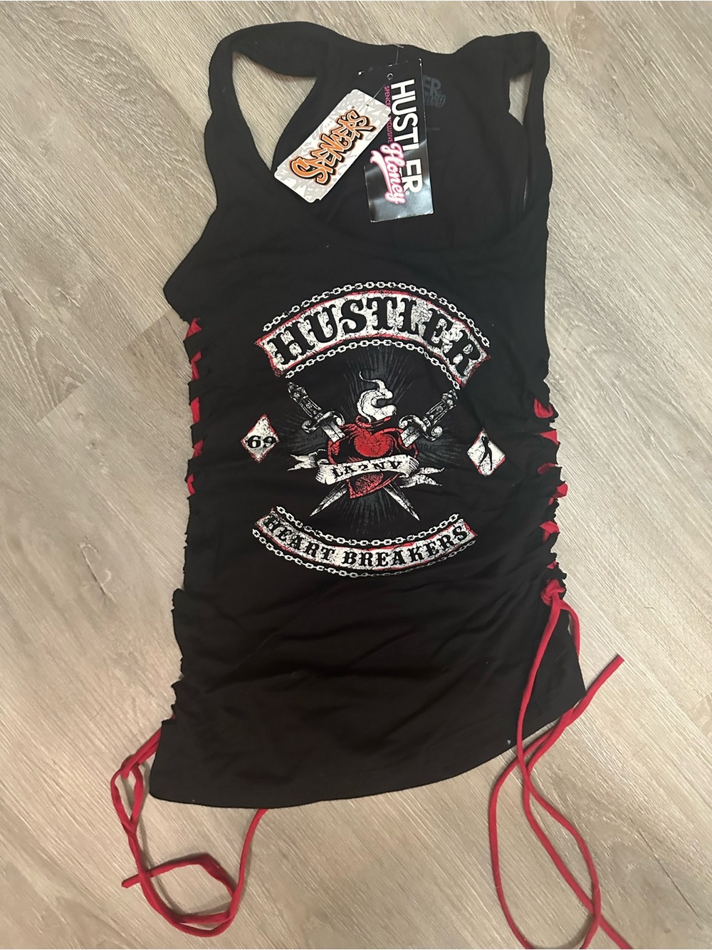 Hustler Hollywood Black Tank with Red Lace-Up Accents